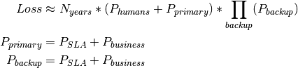 Loss &\approx N_{years} * (P_{humans} + P_{primary}) * \prod_{backup}(P_{backup}) \\
P_{primary} &= P_{SLA} + P_{business} \\
P_{backup} &= P_{SLA} + P_{business}