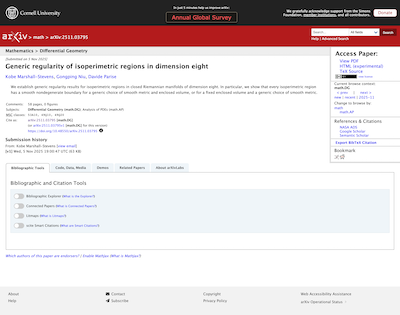 The arXiv abstract page as it looks today: a dense two-column layout with the paper title near the top and links to the PDF and HTML versions in a side panel.